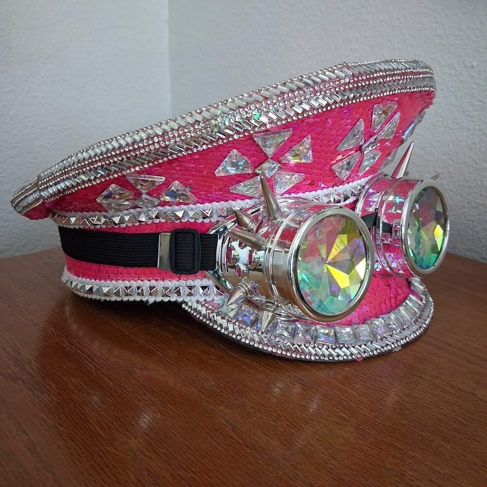 Steampunk Hat 3D Goggles Pink Silver Studs Crystals Sequins Captain Burning Man